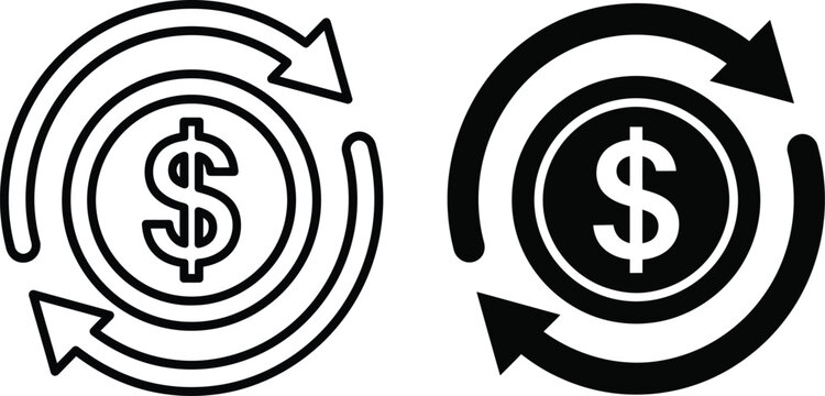 Money exchange icon set vector illustration showing dollar sign inside circle with circular arrows for financial transactions and global currency trading business concepts.