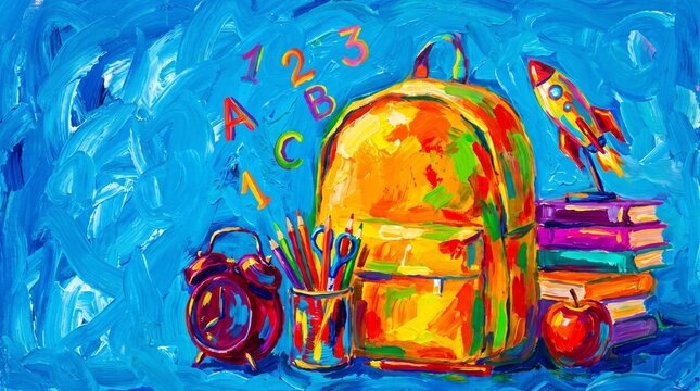 A vibrant impressionistic painting depicting a school backpack surrounded by books, an apple, a pencil holder, and a rocket ship against a blue background, capturing the excitement of back to school.