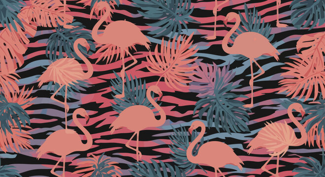 Vibrant Flamingo Pattern with Tropical Leaves and Zebra Stripes.
