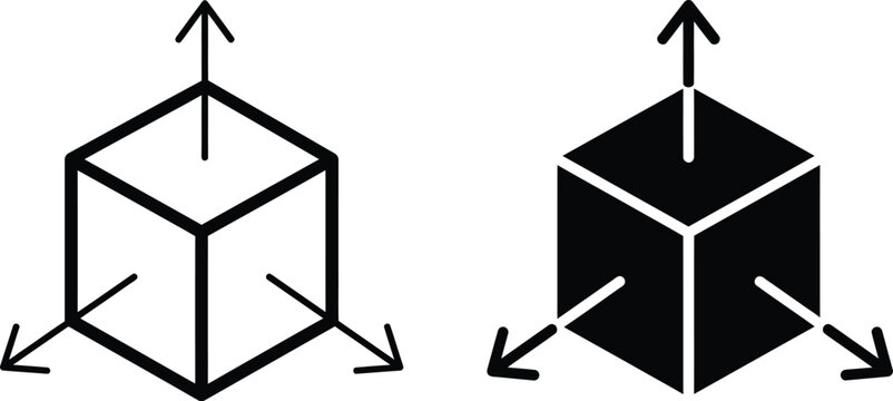 3d dimensional cube vector ilustration, three dimensional geometric shape with axis arrows, line and filled style, volume or measurement symbol isolated on transparent background.