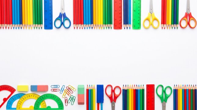 A vibrant assortment of school supplies arranged as a top and bottom border on a plain white background, capturing a creative learning concept for students preparing for the academic school year ahead