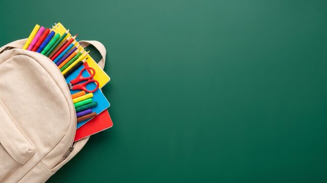 A student backpack filled with colorful school supplies and stationery rests on a dark green chalkboard background representing a classic academic setting for the upcoming new school year season