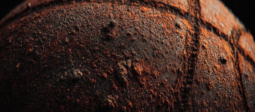 Extreme close-up of a crusty, textured surface with rough details and a dark color scheme