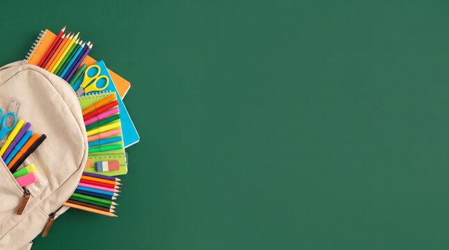 A student preparing for school with a backpack filled with colorful pencils, notebooks, and scissors placed against a dark green chalkboard background, creating a bright academic back to school mood