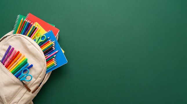 A student backpack filled with colorful school supplies and notebooks rests on a dark green chalkboard surface, capturing the organized, creative, and ready-to-learn spirit of the academic season