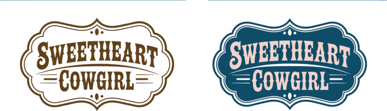 Sweetheart cowgirl western tag label collection with belt buckle, cowboy rodeo styling, decorative western swirls and vintage emblem for ranch branding, clothing, logos, merchandise and retro vector 