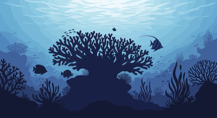 Vibrant underwater coral reef ecosystem with diverse marine life swimming around. © Berkah