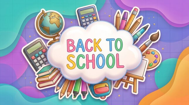 A vibrant and playful Back to School illustration featuring a fluffy white cloud text centerpiece surrounded by colorful educational supplies like books, calculators, globes