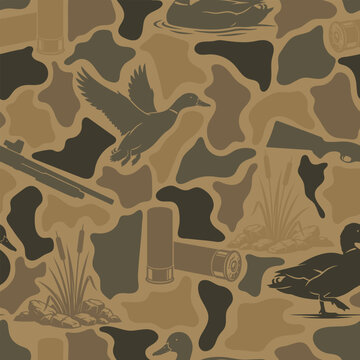 Duck hunting camouflage pattern with shotgun and waterfowl silhouettes. Old school seamless camo design. Vector digital hunting background.