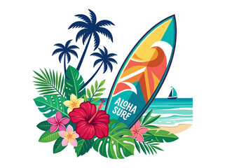 Tropical Aloha Surf Illustration with Surfboard, Palm Trees, and Hibiscus Flowers © UPIL