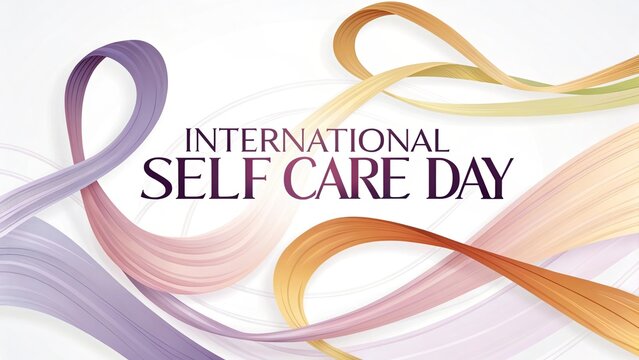 Abstract flowing ribbon design in purple and gold for self care day.
