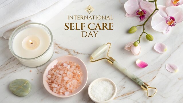 Luxury flatlay with candle and jade roller for International Self Care Day.
