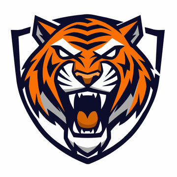 Fierce tiger mascot roaring inside a shield