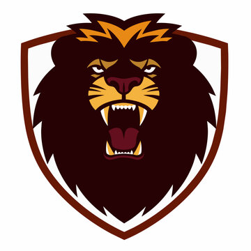 Roaring lion mascot head on a shield crest