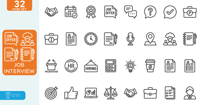 Job interview Vector illustration line editable Icons set. for human resources. hiring process, employment, career growth, corporate business layout. on white background.