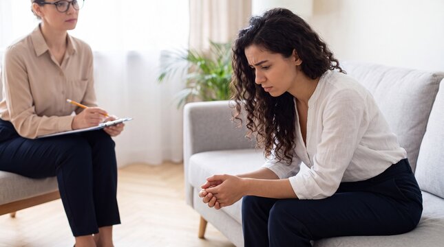 Woman with curly hair sits on a couch looking down, while therapist takes notes in a bright, modern office setting