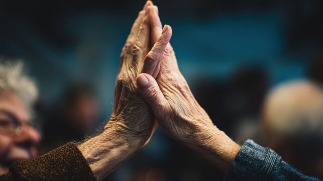 Elderly hands high five connection
