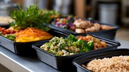 Fototapeta premium Several black containers filled with colorful prepared meals including vegetables grains and protein on a stainless steel surface