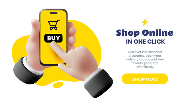 3d online shopping banner template, vector realistic hands holding smart phone with buy button and shopping cart with text for e-commerce