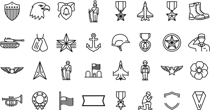 Military icons set line art vector graphics for patriotic designs