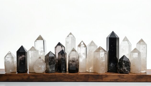 Collection of clear and black crystal points arranged neatly on a rustic wooden shelf. Diverse sizes and shapes showcase natural stone beauty. Useful for healing, decor, or spirituality themes.