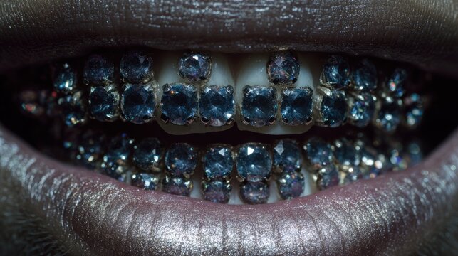 Teeth adorned with gemstones closeup
