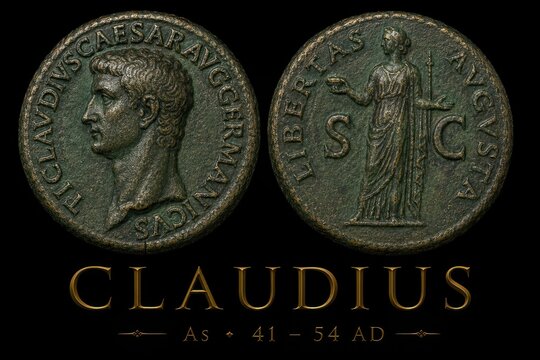 Ancient Roman Bronze As Coin of Emperor Claudius (41-54 AD) Isolated on Black Background