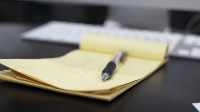 Close-up of a yellow lined notepad and a black pen resting on a dark office desk. The static shot features a blurred computer keyboard in the background, highlighting a modern indoor workspace setup.