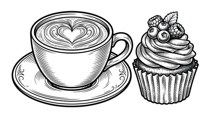 Vintage woodcut coffee cup with heart latte art and berry cupcake, hand drawn engraving style cafe illustration, black and white bakery vector art © Ch