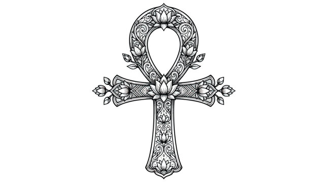 Egyptian ankh cross with ornate floral lotus patterns, decorative black and white mystical symbol vector, intricate spiritual line art illustration
