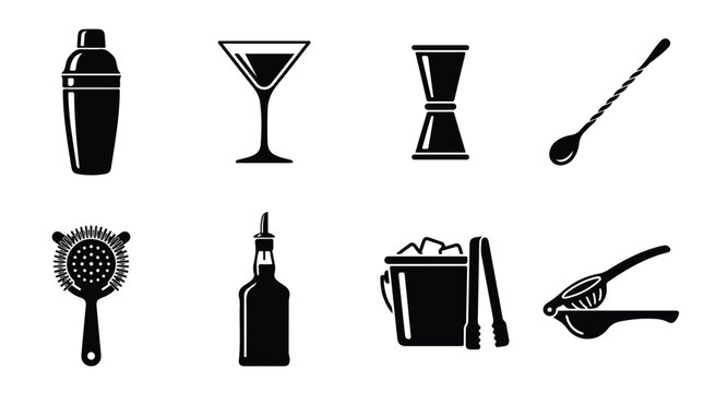 Professional cocktail bar equipment icons set, 8 black minimalist bartender tool silhouettes, mixology accessories for drink menu design and signage