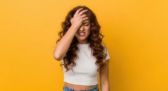 Stressed Young Woman with Curly Hair Holding Hand to Forehead Expressing Regret or Headache on Yellow Background