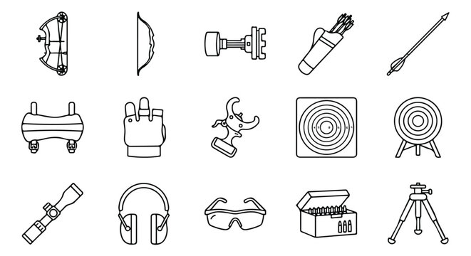 Archery equipment line icons, 15 professional bow and arrow sport symbols, minimalist hunting gear vector set for competition apps