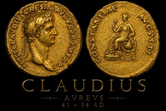 Ancient Roman Gold Aureus Coin of Emperor Claudius (41-54 AD) Isolated on Black Background