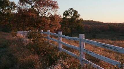 Fototapeta premium White wooden fence in the middle of a field. the fence is made of wooden planks and is painted white. it is surrounded by tall grass and shrubs with colorful autumn foliage.