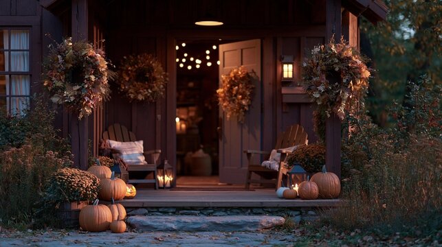 The entrance of a wooden cabin with a porch decorated for halloween. the porch is lit up with string lights, creating a warm and cozy ambiance.