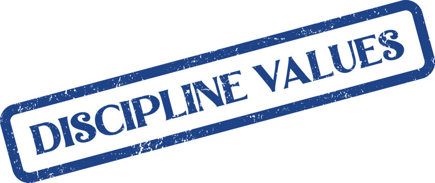 A textured blue stamp displaying the words DISCIPLINE VALUES with a vintage effect