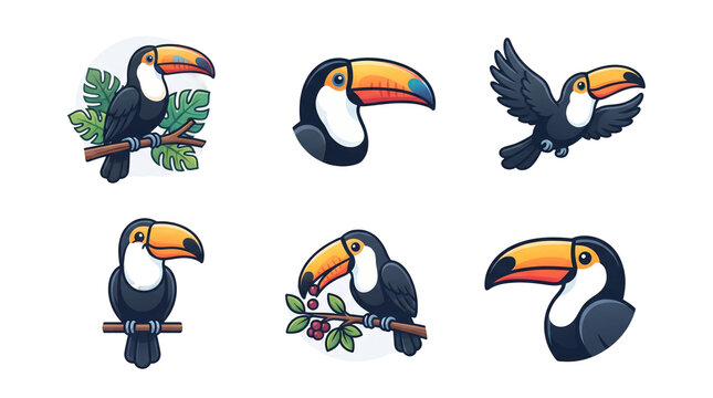 Collection of cute toucan bird illustrations showcasing various poses and expressions in a vibrant cartoon style for creative design projects featuring tropical wildlife characters presented here isol