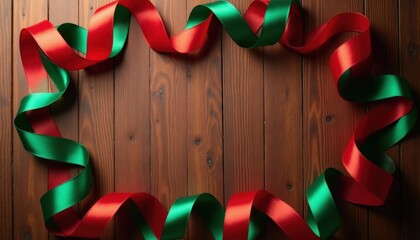 Fototapeta premium Red and green ribbons curl on a wooden table. This festive material is perfect for holiday crafts, gift wrapping, or seasonal decor arrangements. Use for Christmas celebrations.