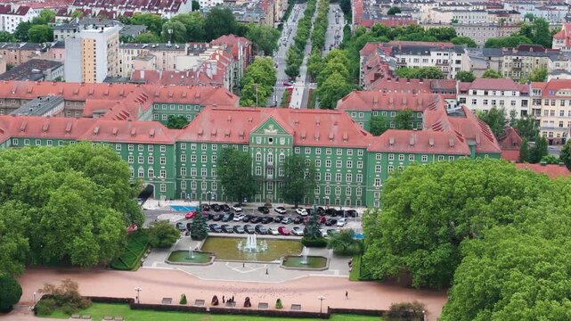 Drone shot of historical green city hall building in Szczecin