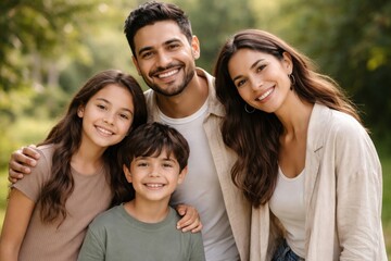 Obraz premium Smiling family of four outdoors, enjoying a sunny day in a park setting.