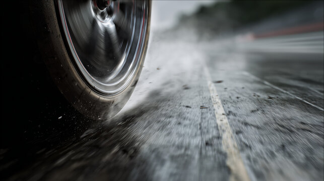 Nahaufnahme eines Autoreifens auf nasser Fahrbahn mit starker Wasserverdr&auml;ngung. Symbol f&uuml;r Aquaplaning, Fahrsicherheit, Grip, Bremsweg und die Bedeutung hochwertiger Reifen.