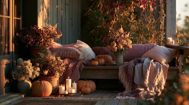 Cozy outdoor seating area on a porch. the porch is covered with a wooden floor and has a wooden railing on the right side.