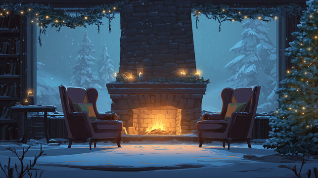 beautiful christmas background with a fireplace and armchairs, a snow-covered landscape, a garland of lights around the tree, a blue sky, a winter evening, soft focus, high-resolution photography, hig