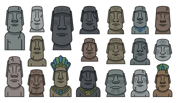 Ancient Moai Cartoon Stone Sculpture Vector Set Inspired by Easter Island Atlantis and Lemuria