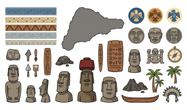 Easter Island Rapa Nui Top View Map with Moai Rongorongo Symbols Vector Set
