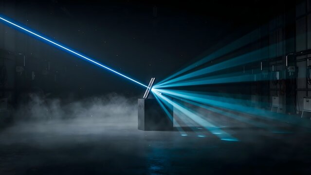 Blue laser splitting through dense industrial fog &ndash; Ideal for night club promotions, laser show marketing, or high-tech event staging.