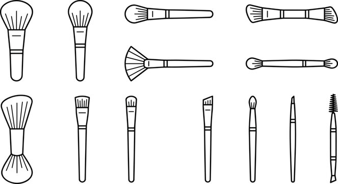 Makeup brush and cosmetic applicator outline set featuring powder, blush, eyeshadow and beauty tool vector collection
