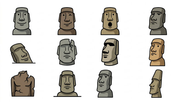 Moai Easter Island Rapa Nui Stone Statue Cartoon Vector Set Isolated Ancient Volcanic Sculptures