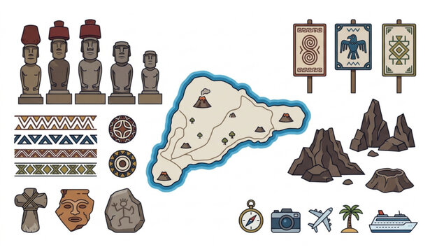 Moai Easter Island Top View Map and Rongorongo Inspired Vector Illustration Set